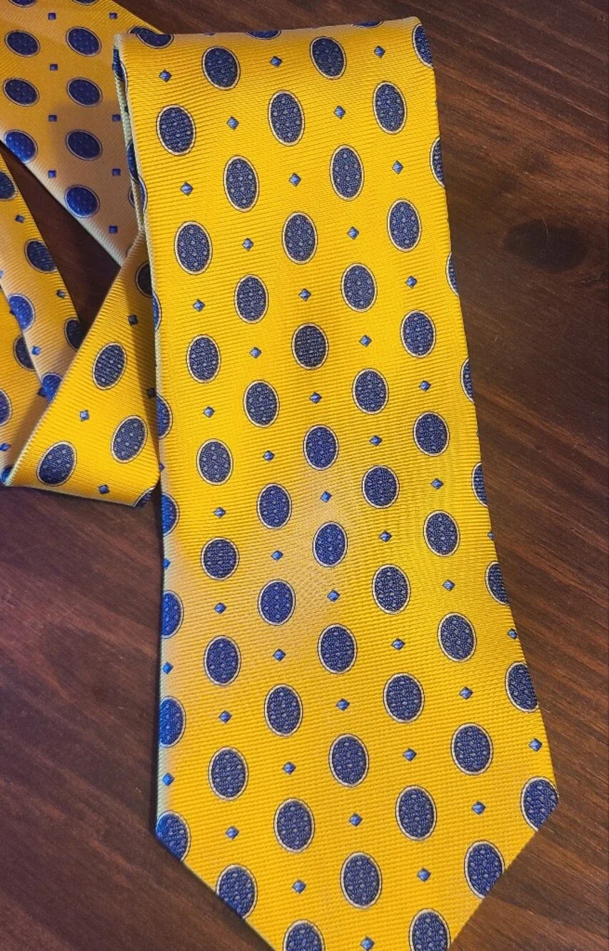 Dior Yellow Silk Tie with Navy Oval Motif